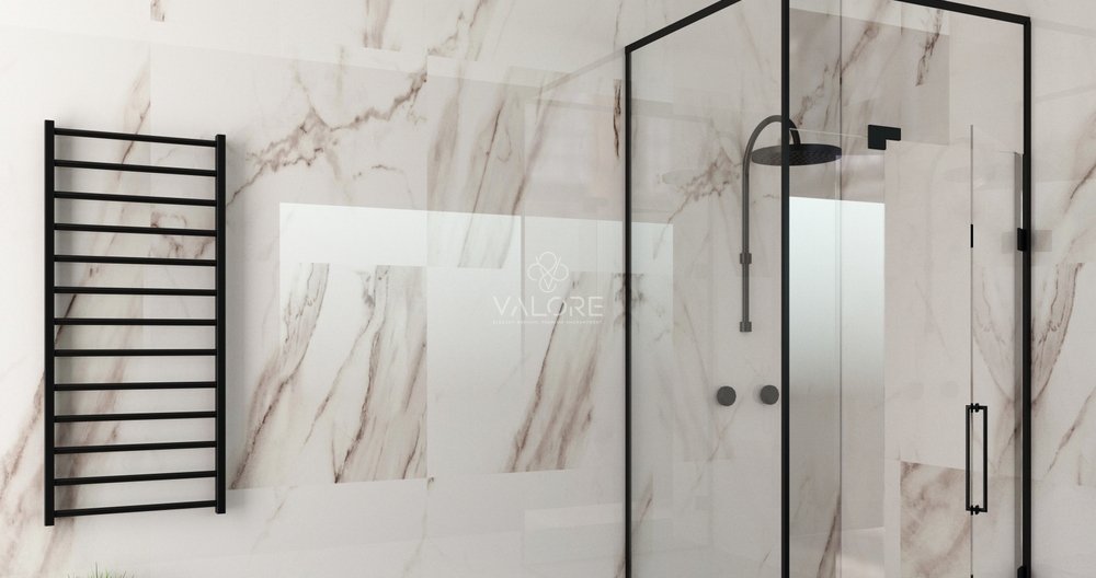 3d illustration. Modern glass shower room. Ceramic tile finishing. Home and interior. Glass doors. Decor and equipment with led